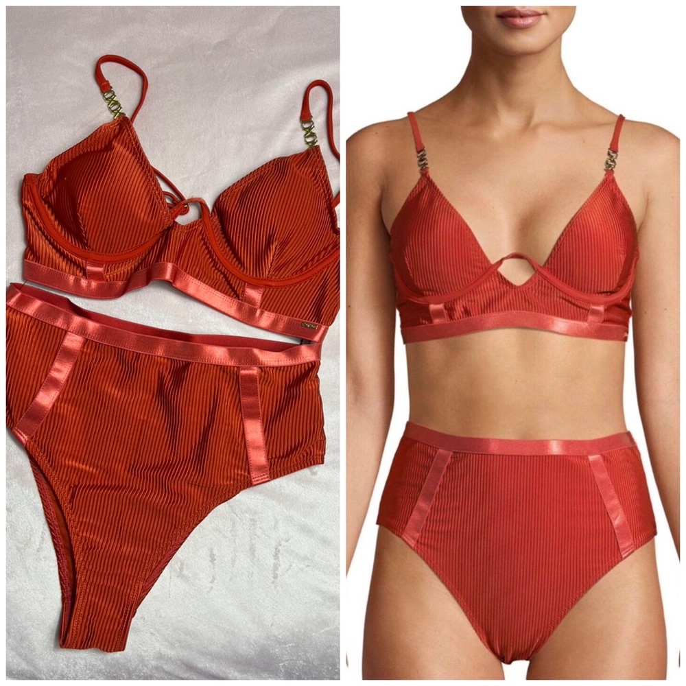 XOXO Spice Burnt Orange Plunge Chain Two Piece Bikini Set Swimsuit Size Medium